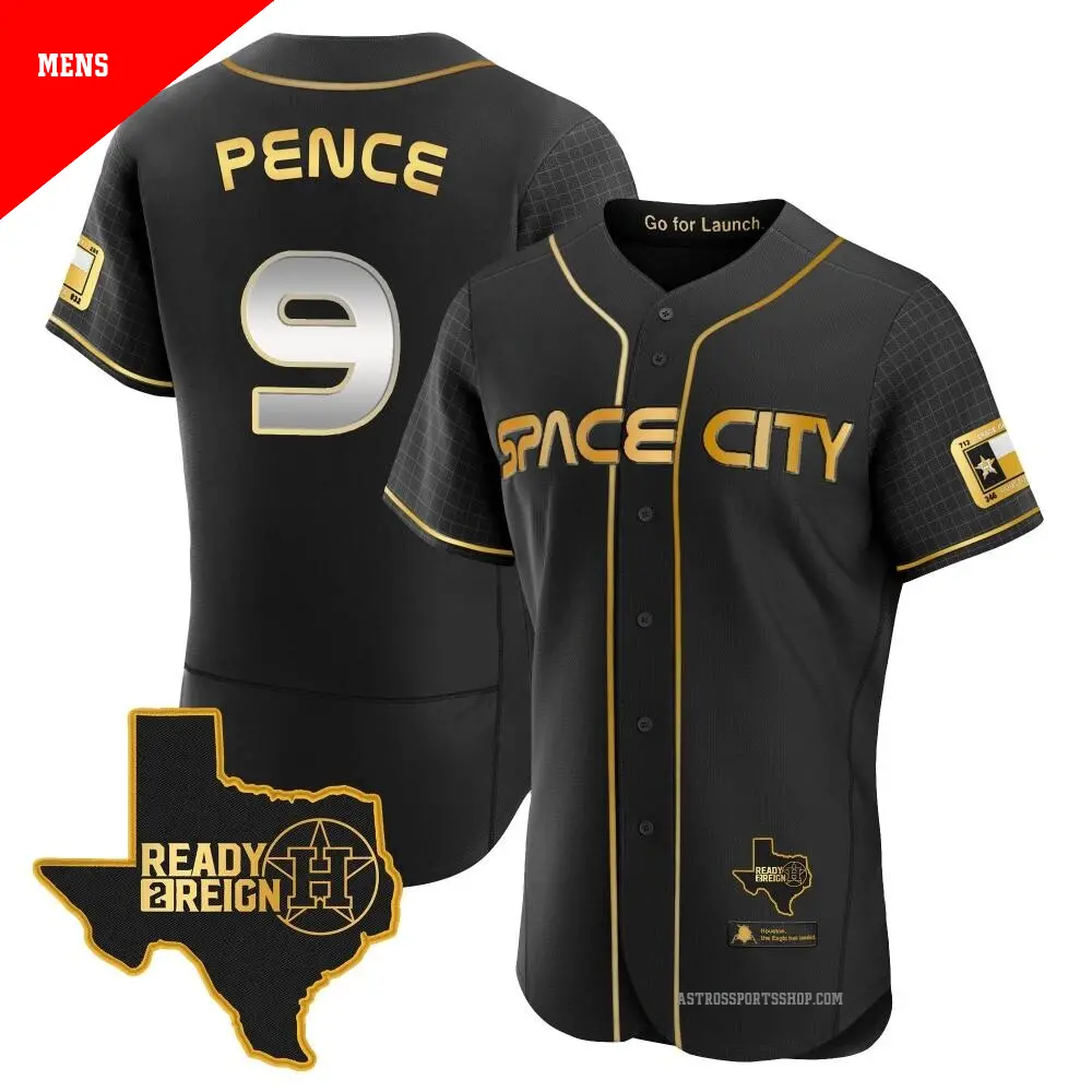 Men's ＃9 Hunter Pence Houston Astros Black/Gold Authentic 2023 Space City Ready 2 Reign Flex Base Jersey