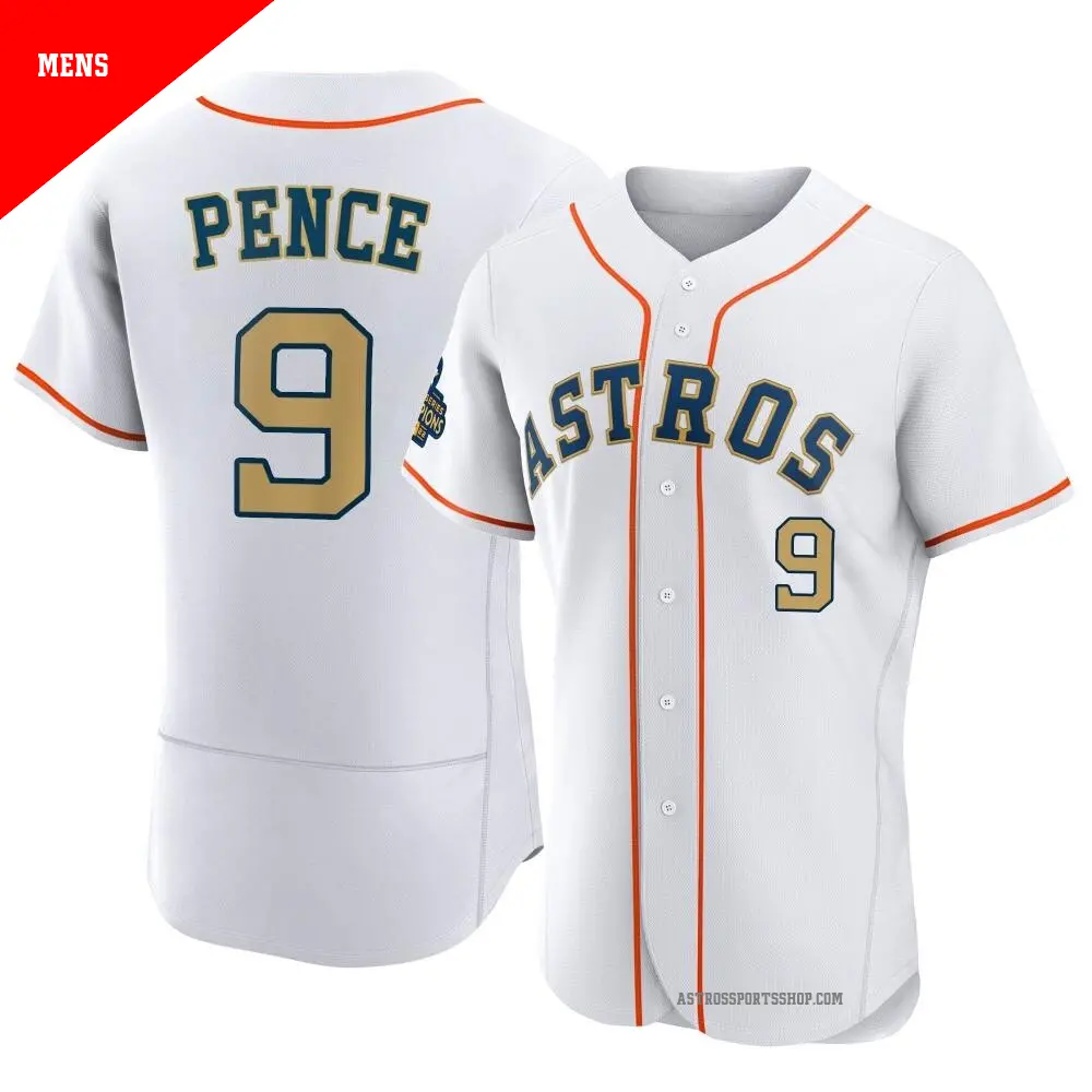 Men's ＃9 Hunter Pence Houston Astros Gold Authentic White 2023 Collection Jersey