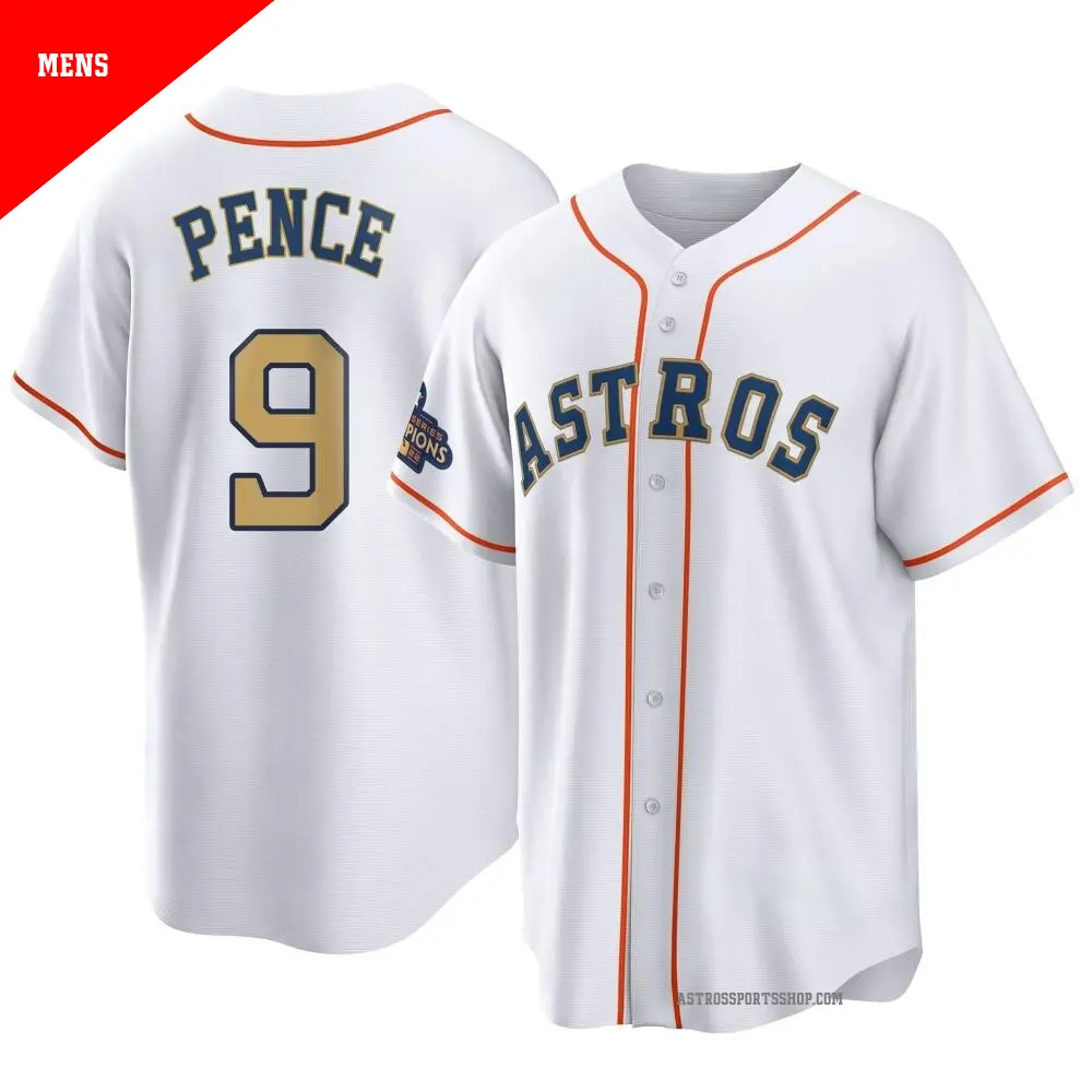 Men's ＃9 Hunter Pence Houston Astros Gold Replica White 2023 Collection Jersey