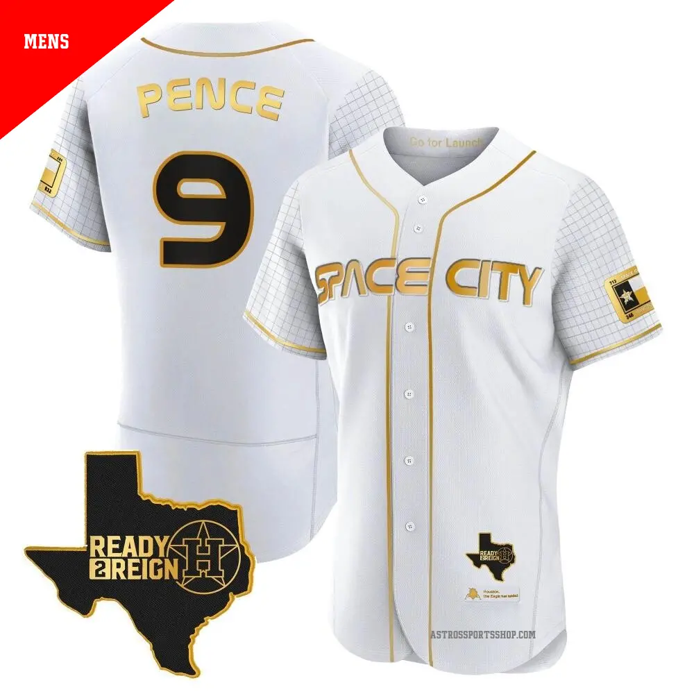 Men's ＃9 Hunter Pence Houston Astros White/Gold Authentic 2023 Space City Ready 2 Reign Flex Base Jersey